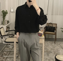 阿茶与阿古黑色垂感衬衫男韩版长袖潮流夏季薄款丝滑宽松情侣衬衣