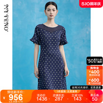 马天奴2024夏季新款蓝色波点法式连衣裙短袖收腰中洋气长裙裙子