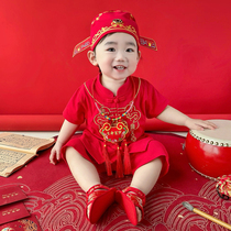 男宝宝周岁宴礼服纯棉男童中国风抓周衣服婴儿女红色唐装套装夏季