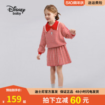 迪士尼童装女童可爱翻领长袖套装2023春秋新款儿童毛线短裙两件套