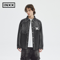 【INXX】Standby 美式做旧牛仔衬衫外套男设计感毛边拼接宽松衬衣