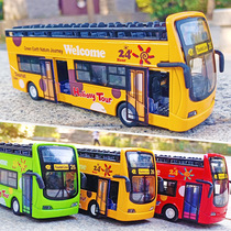 黄红绿色合金双层巴士玩具车模型车门能打开露天大巴车客车玩具