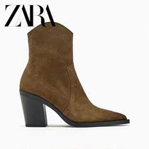 2024冬季ZA女鞋尖头粗跟时尚复古牛皮革短靴侧拉链高跟马丁靴子潮