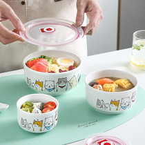陶瓷泡面碗带盖卡通碗单个学生餐具可微波炉加热家用圆形保鲜汤碗