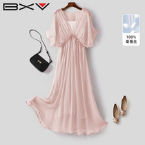 BXV粉色真丝连衣裙女中长款2024夏季新款气质V领荷叶袖桑蚕丝长裙