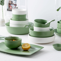 釉下彩碗盘家用碗碟套装家用餐具套装单个吃饭碗盘筷子组合抹茶绿
