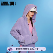 ANNA SUI 经典安娜系列 紫色仿羊羔毛外套连帽长袖拉链上衣女