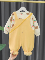 宝宝冬季套装加绒2儿童衣服秋冬男童冬装洋气1岁婴儿背带裤两件套