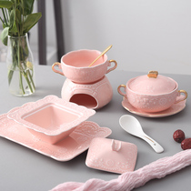 高典粉色燕窝碗宫廷陶瓷碗 汤盅带盖欧式复古金边双耳甜品碗汤碗