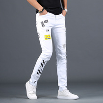 夏季薄男士白色牛仔裤韩版潮流修身印花个性拼接弹力休闲裤子潮牌