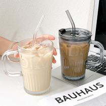 水杯玻璃杯子带盖吸管咖啡杯女新款2023办公室家用大人果汁咖啡杯