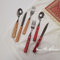 北欧风格木质手柄刀叉勺套装西点牛排餐刀不锈钢水果叉子甜品勺子
