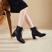 fed加绒靴子冬季新款粗跟短靴黑色马丁靴系带女士皮靴1120-ZF260