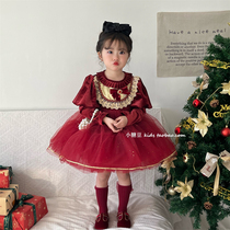 女童红色公主风蓬蓬裙2023冬季新款女孩加绒连衣裙生日新年礼服裙
