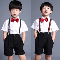 男童白色短袖衬衫西裤黑短裤套装红领结表演服儿童花童礼服演出服