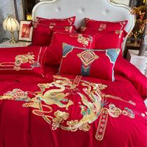 婚房六件套高端长绒棉龙凤红色四件套纯棉大红陪嫁结婚床上用品