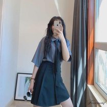 新款 黑色半身裙单/套装女学生韩版宽松复古衬衫短袖+a字裙两件套