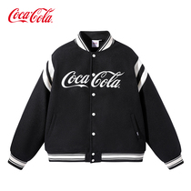 Coca-Cola/可口可乐 美式棒球服男毛呢拼接春秋情侣夹克立领外套