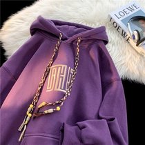 紫色重磅美式卫衣男秋冬季2024新款宽松连帽潮牌加绒加厚大码外套
