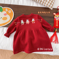 儿童针织毛衣裙 0-6岁冬季女童红色新年服宝宝加厚拜年服婴儿裙子