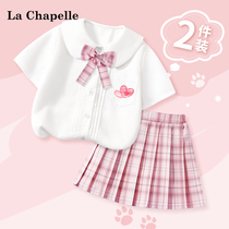 拉夏贝尔女童jk套装2024新款夏季小女孩学院风短袖儿童娃娃领衬衫