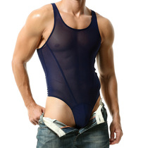 男士网纱健身连体衣 高弹透气 透明修身性感打底游泳运动透气塑身