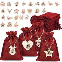 酒红色麻布袋木标签套装24个圣诞礼品袋降临日历儿童派对装饰挂袋