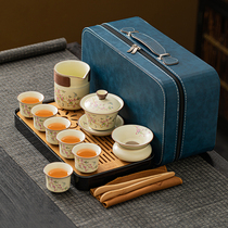 高端米黄汝窑开片可养紫藤花旅行茶具茶壶盖碗套装便携式户外茶具