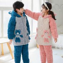 儿童睡衣冬季男童加绒加厚三层夹棉法兰绒12岁男女孩珊瑚绒家居服