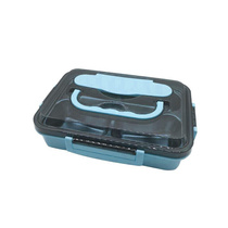 匠行304不锈钢饭盒4格学生饭盒安全卫生套装饭盒带分隔配餐具蓝色