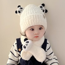 婴儿帽子围脖两件套秋冬季男女童可爱熊猫毛绒加厚保暖宝宝套头帽