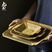 日式手工粗陶瓷餐具双耳方形碗碟盘子套装家用复古餐具简约可微波