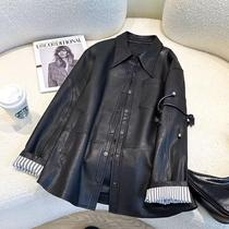 GG。maje dvawn高级黑色皮衣西装外套女2024新款小众宽松休闲夹克
