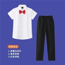 网红厂家男童白衬衣黑裤子套装儿童白色短袖衬衫有领结领带男孩长