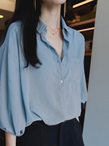 伊芙丽2024夏季新款韩版五分袖衬衫女雪纺灯笼袖上衣复古宽松纯色