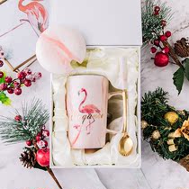 简约马克杯带盖勺北欧圣诞节清新日式文艺ins可爱火烈鸟杯子陶瓷