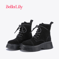 BellaLily2023初秋新款气质牛皮马丁靴女增高工装靴减龄中筒靴子