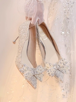 秀禾主婚纱结婚鞋女2023年新款订婚新娘鞋法式银色水晶伴娘高跟鞋