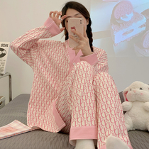睡衣女春秋季纯棉长袖2023新款甜美可爱粉色字母可外穿家居服套装