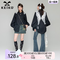 KEIKO 刺绣蝴蝶花黑色长袖衬衫女2024春夏设计感小众韩版宽松上衣