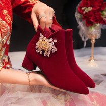 冬季婚鞋女2023新款红色高跟鞋低跟孕妇秀禾婚纱两穿结婚新娘靴子