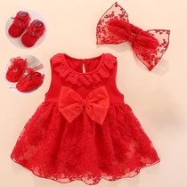 女宝宝满月百天周岁公主生日礼服裙0-1岁夏春秋季红色蕾丝连衣裙