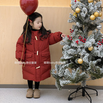 男女童韩版宽松中长款红色羽绒服2023冬季儿童宝宝白鸭绒保暖外套