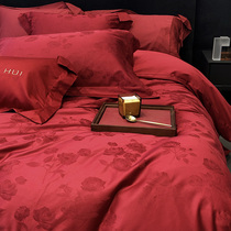高端红色玫瑰提花100支长绒棉结婚四件套婚床上用品纯棉婚庆被套