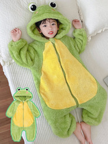 一岁男童法兰绒果绿色青蛙连体衣史迪仔三岁宝宝幼儿园睡衣秋冬季