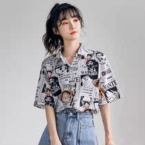 衬衫女设计感小众短袖新款2021年夏季薄款韩版宽松卡通印花上衣潮