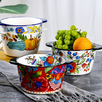 欧兰摩尔美式陶瓷碗手绘双耳防烫加深汤碗水果冰桶大号微波炉碗