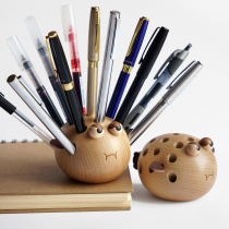 生气的河豚笔筒儿童收纳盒可爱创意礼品办公室桌面笔插实木质摆件