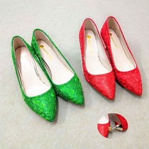 婚鞋绿色女士时尚中跟新娘鞋红色结婚鞋上轿鞋性感浅口低帮伴娘鞋
