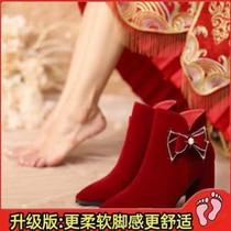 两冬天穿跟中婚累QXA脚结红色新娘结婚孕妇纱鞋服跟婚粗靴子女婚